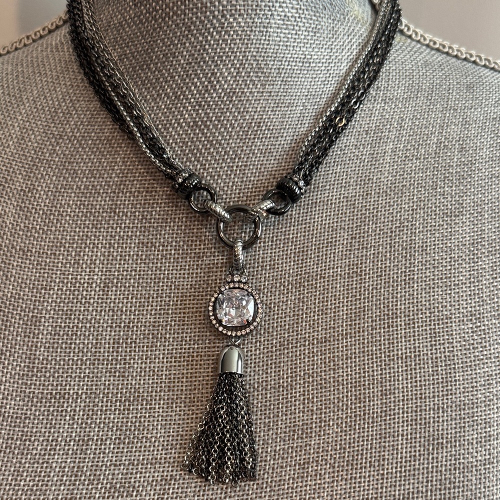 WHBM Gunmetal Tassel Pendant Necklace w/Clear Crystal Accent